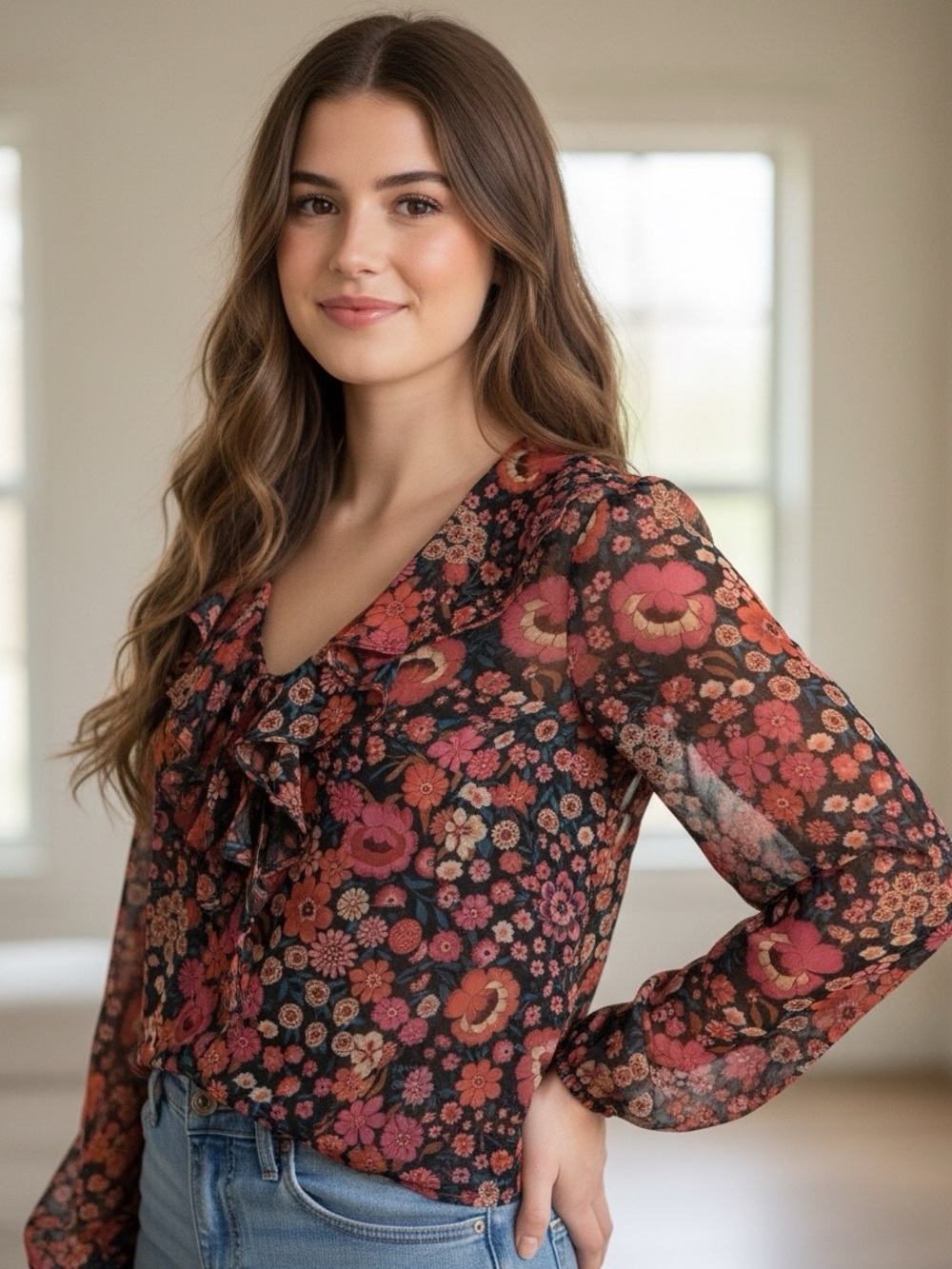 New York & Company semi sheer red pink floral blouse metallic thread ruffle MED